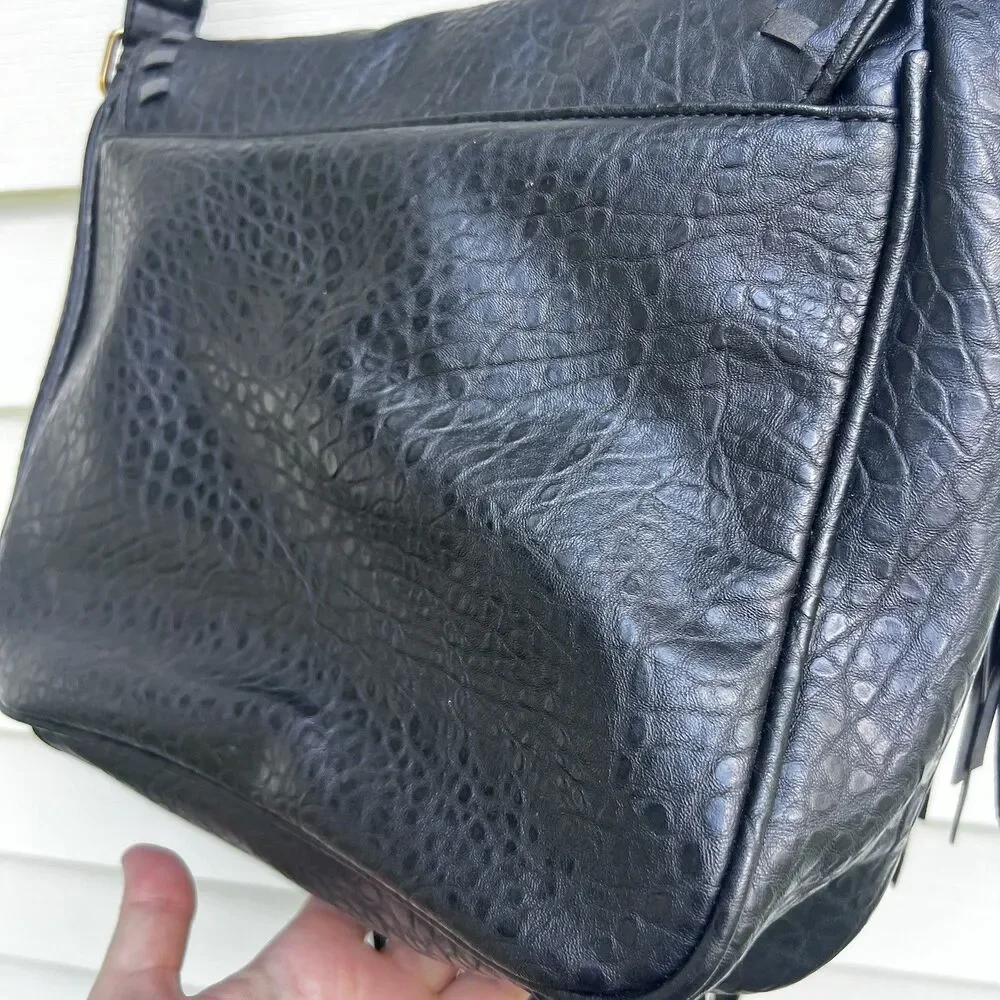 Rampage Black Boho Fringe Crossbody Bag Shoulder Purse Western Textured Pebble